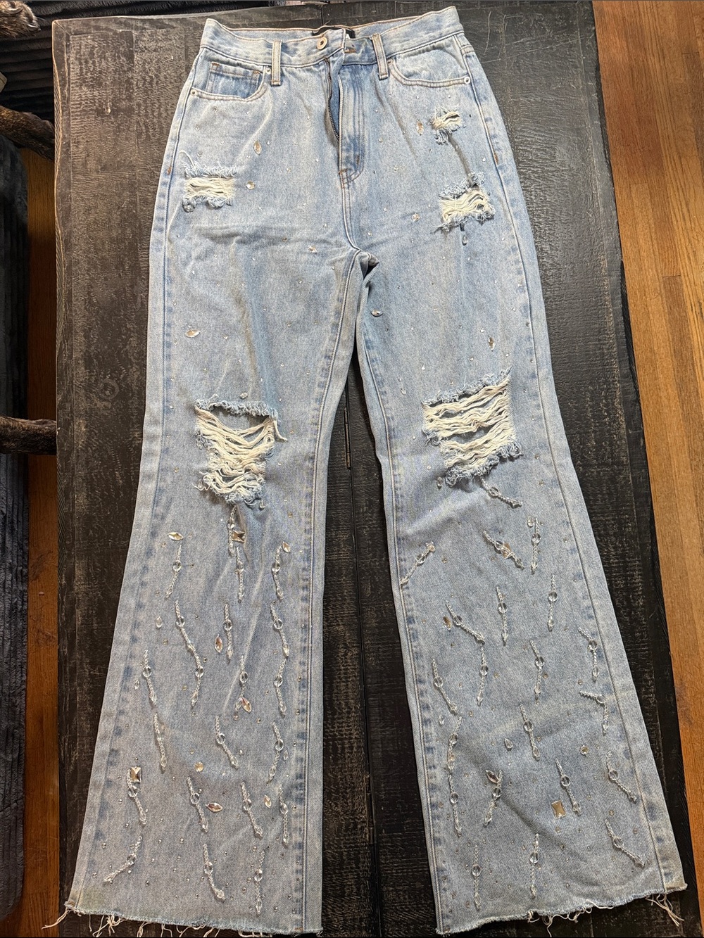Crystal Embellished Light Wash Distressed Wide-Leg no stretch Jeans